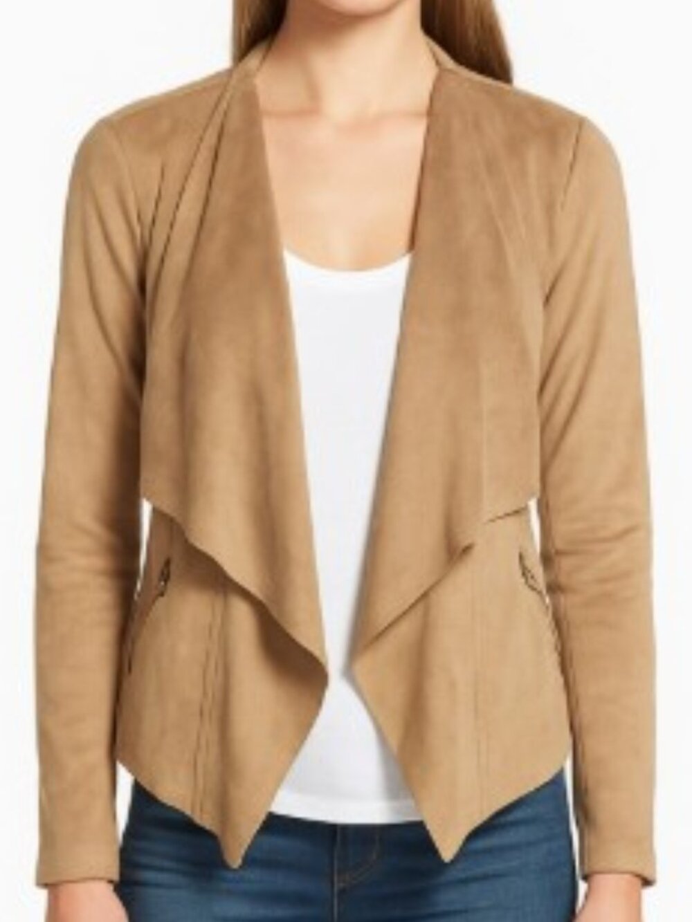 TanJay Open-Front Tan Brown Jacket with Zip Pockets